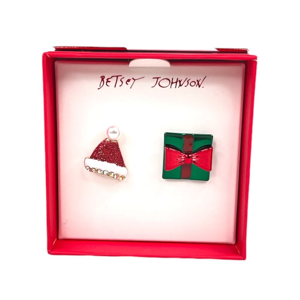 Betsey Johnson Present and Santa Hat Earrings, Red, Green, White